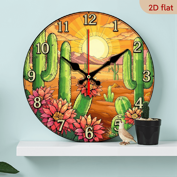10-inch 2D flat "Desert Cactus" theme wooden circular silent wall clock, suitable for modern home art decoration, wall decoration, it is an ideal gift for festivals and birthdays