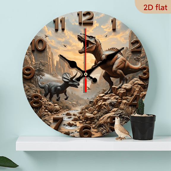 A 10-inch 2D flat "Dinosaur World" themed wooden circular clock, suitable for decoration in bedrooms, living rooms, and offices. It is an ideal gift for Christmas and New Year.