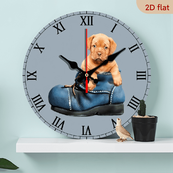 A 10-inch 2D flat "Dog in the Shoe" themed wooden silent wall clock is an excellent choice for Halloween/Easter/Christmas gifts and is suitable for modern home decoration art.