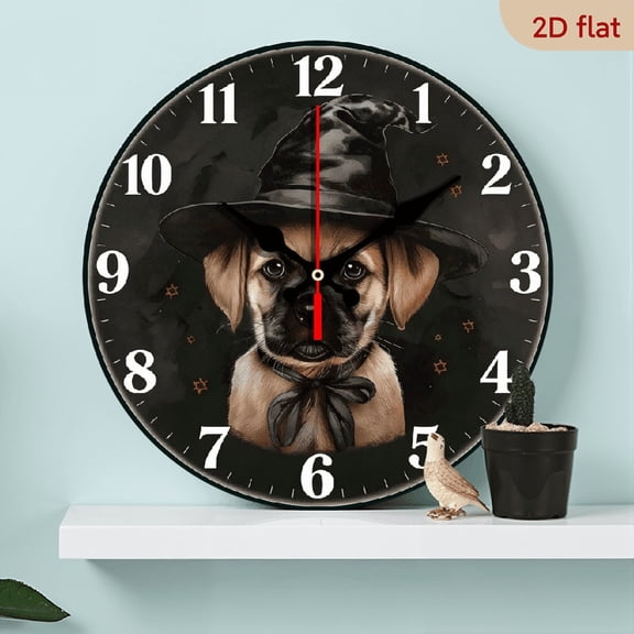 A 10-inch 2D flat "Dog Wizard" themed wooden silent wall clock. It is an excellent choice for Halloween/Easter/Christmas gifts and is suitable for modern home decoration art.
