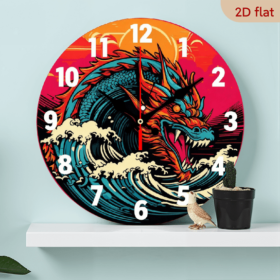 A 10-inch 2D flat "Dragon" theme wooden silent wall clock. It is an excellent choice for Halloween/Easter/Christmas gifts and is suitable for modern home decoration art.