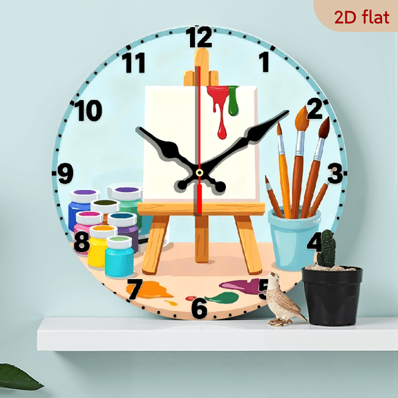 A 10-inch 2D flat "Drawing Tools" themed wooden circular wall clock, suitable for decoration in bedrooms, living rooms and offices. It is an ideal gift for Christmas and New Year.