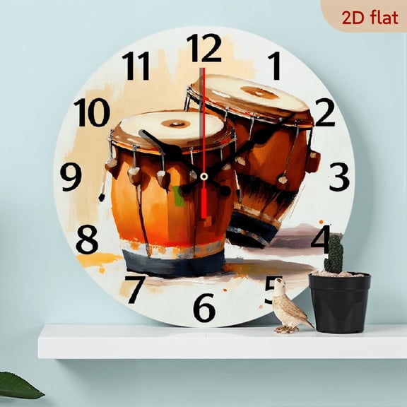 A 10-inch 2D flat "Drum" themed wooden silent wall clock. It is an excellent choice for Halloween/Easter/Christmas gifts and is suitable for modern home decoration art.