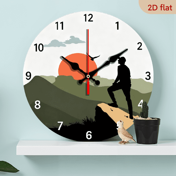 10-inch 2D flat "Evening Mountaineer" theme wooden circular silent wall clock, suitable for modern home art decoration, wall decoration, it is an ideal gift for festivals and birthdays