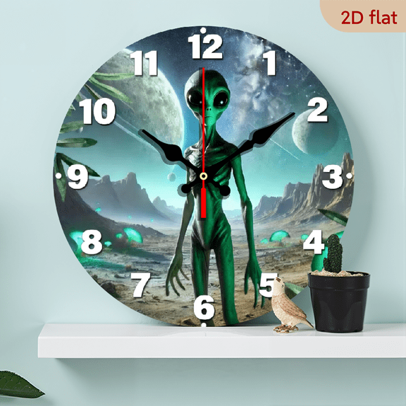 10-inch 2D flat "Extraterrestrial Planet" theme wooden circular silent wall clock, suitable for modern home art decoration, wall decoration, it is an ideal gift for festivals and birthdays
