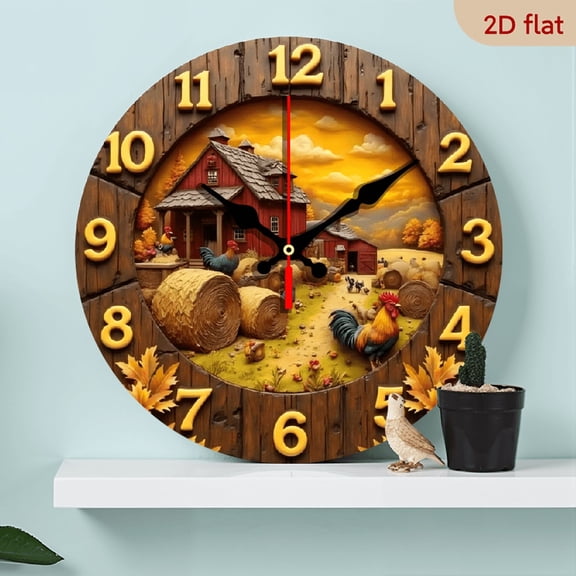 A 10-inch 2D flat "Farmhouse" theme wooden circular wall clock, suitable for decoration in bedrooms, living rooms and offices. It is an ideal gift for Christmas and New Year.