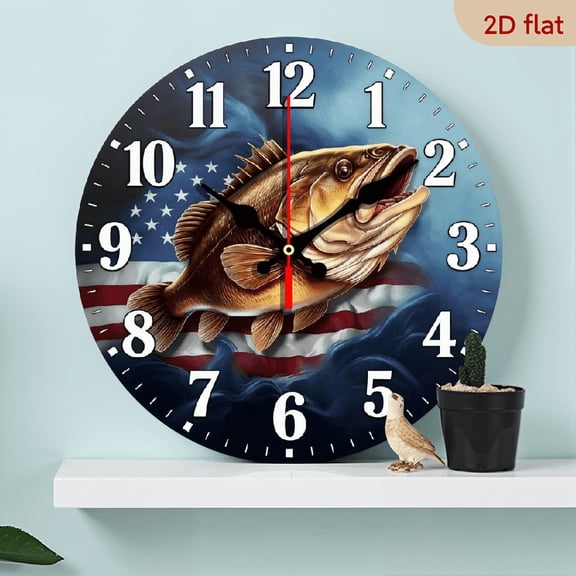 10-inch 2D flat "Fish Hunting" theme wooden circular silent wall clock, suitable for modern home art decoration, wall decoration, it is an ideal gift for festivals and birthdays
