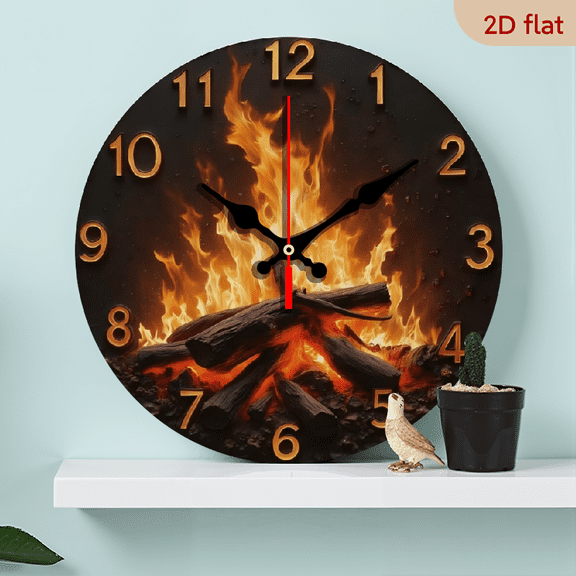 10-inch 2D flat "Flaming Fire" theme wooden circular silent wall clock, suitable for modern home art decoration, wall decoration, it is an ideal gift for festivals and birthdays