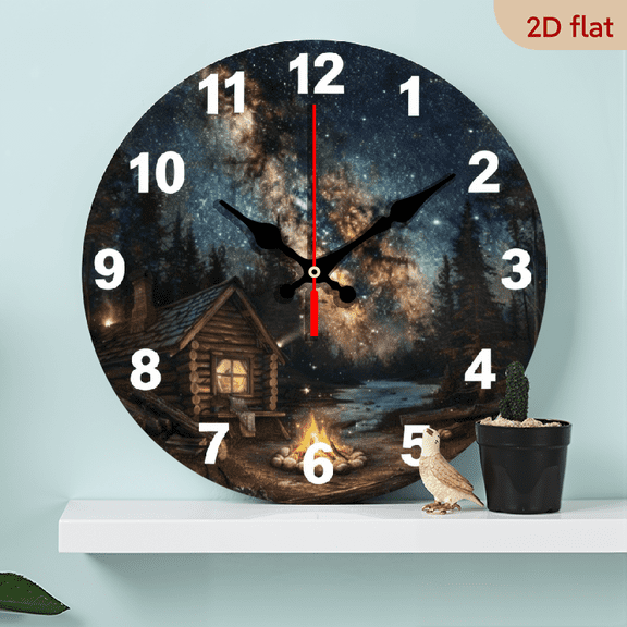 10-inch 2D flat "Forest Cabin Campfire" themed wooden circular silent wall clock. Suitable for modern home art decoration, wall decoration. It is an ideal gift for festivals and birthdays.