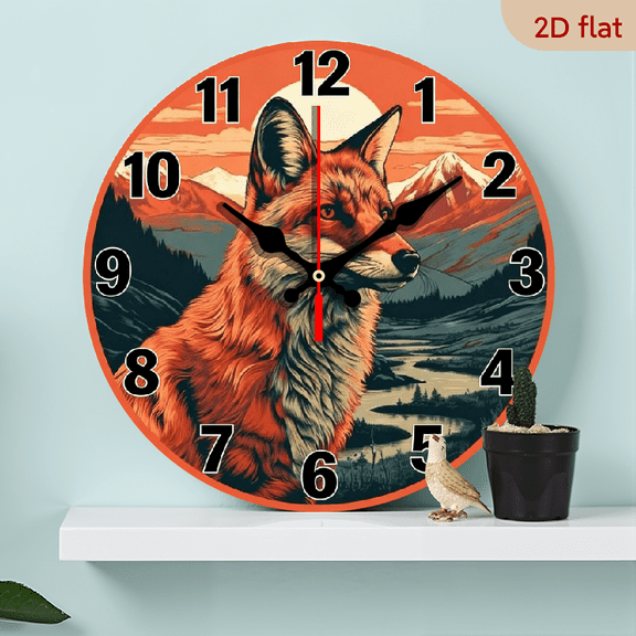 A 10-inch 2D flat "Fox in the Forest" wooden silent wall clock in a theme, ideal for Halloween/Easter/Christmas gifts and suitable for modern home decoration art.
