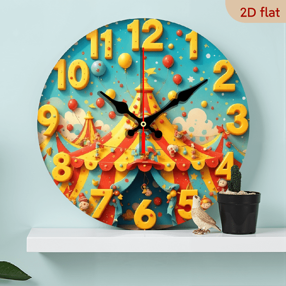 10-inch 2D flat "Fun Circus" theme wooden circular silent wall clock, suitable for modern home art decoration, wall decoration, it is an ideal holiday gift and birthday gift
