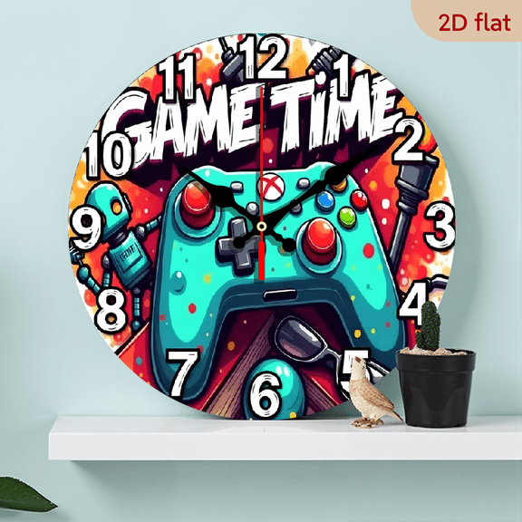 10-inch 2D flat "Game Time" theme wooden circular silent wall clock, suitable for modern home art decoration, wall decoration, it is an ideal gift for festivals and birthdays