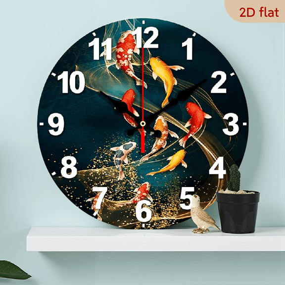 A 10-inch 2D flat "Golden Texture and Fish" themed wooden silent wall clock is an excellent choice for Halloween/Easter/Christmas gifts and is suitable for modern home decoration art.