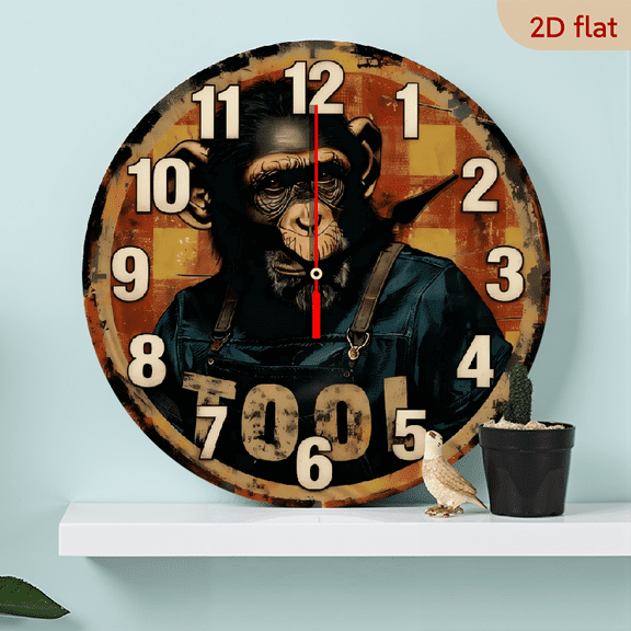 10-inch 2D flat "Gorilla Tools" theme wooden circular silent wall clock, suitable for modern home art decoration, wall decoration, it is an ideal gift for festivals and birthdays