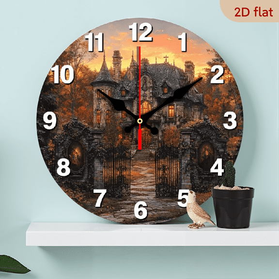 10-inch 2D flat "Gothic Castle" theme wooden circular silent wall clock, suitable for modern home art decoration, wall decoration, it is an ideal gift for festivals and birthdays