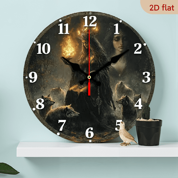 10-inch 2D flat "Gothic Witch" theme wooden circular silent wall clock, suitable for modern home art decoration, wall decoration, it is an ideal holiday gift and birthday gift
