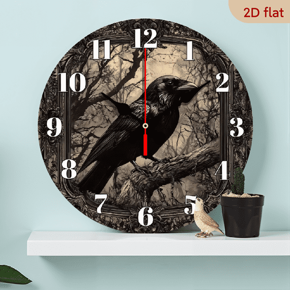 10-inch 2D flat "Gothic-style Crow" theme wooden circular silent wall clock, suitable for modern home art decoration, wall decoration, it is an ideal gift for festivals and birthdays