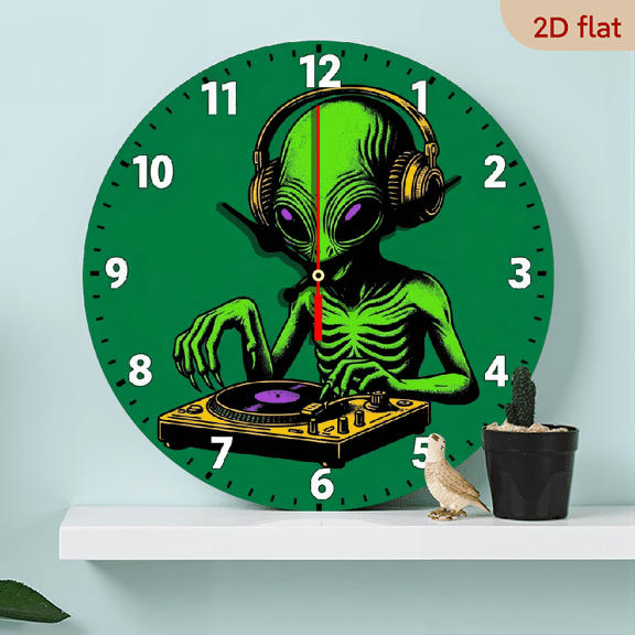 A 10-inch 2D flat "Green Alien" theme wooden silent wall clock. It is an excellent choice for Halloween/Easter/Christmas gifts and is suitable for modern home decoration art.