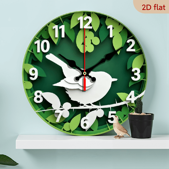 A 10-inch 2D flat "Green Leaf Bird Shadow" themed wooden silent wall clock. It is an excellent choice for Halloween/Easter/Christmas gifts and is suitable for modern home decoration art.