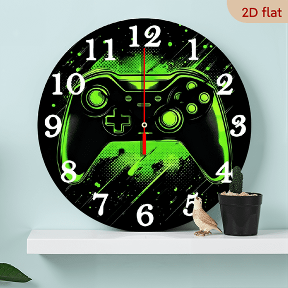 A 10-inch 2D flat "Green Light Game Console" themed wooden circular wall clock, suitable for decoration in bedrooms, living rooms and offices. It is an ideal gift for Christmas and New Year.