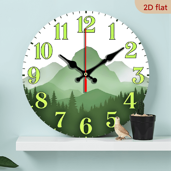 A 10-inch 2D flat "Green Mountain Shadow" themed wooden silent wall clock is an excellent choice for Halloween/Easter/Christmas gifts and is suitable for modern home decoration art.