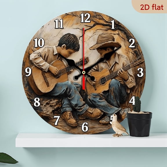 10-inch 2D flat "Guitar Player" theme, wooden circular silent wall clock, suitable for modern home art decoration, wall decoration, it is an ideal gift for festivals and birthdays