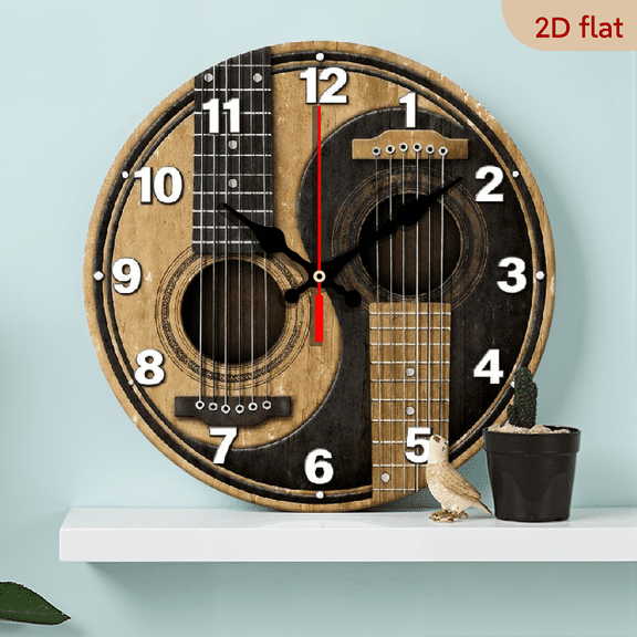 A 10-inch 2D flat "Guitar" themed wooden circular wall clock, suitable for decoration in bedrooms, living rooms and offices. It is an ideal gift for Christmas and New Year.
