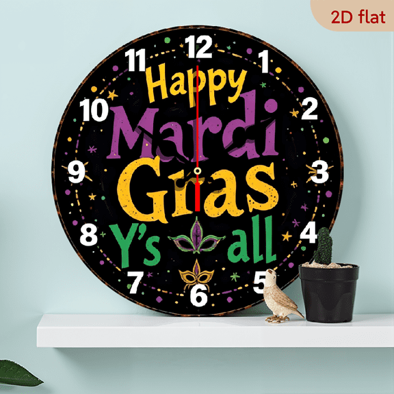 A 10-inch 2D flat "Happy Carnival" theme wooden silent wall clock. It is an excellent choice for Halloween/Easter/Christmas gifts and is suitable for modern home decoration art.