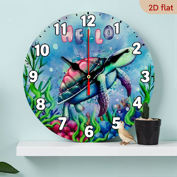 A 10-inch 2D flat "Hello Turtle" theme wooden circular wall clock, suitable for decoration in bedrooms, living rooms and offices. It is an ideal gift for Christmas and New Year.
