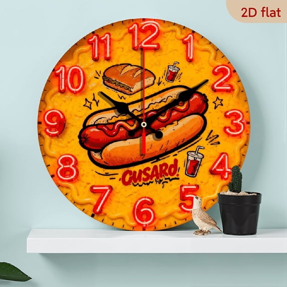 A 10-inch 2D flat "Hot Dog" themed wooden silent wall clock. It is an excellent choice for Halloween/Easter/Christmas gifts and is suitable for modern home decoration art.