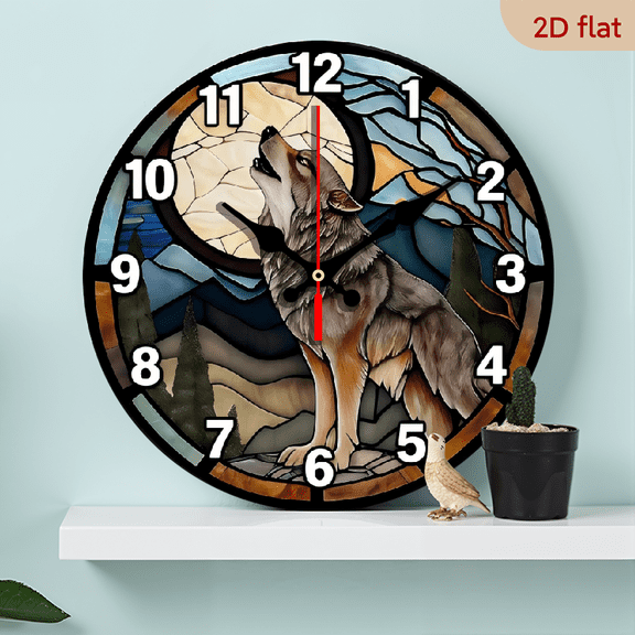 A 10-inch 2D flat "Howling Wolf" themed wooden circular wall clock, suitable for decoration in bedrooms, living rooms, offices, kitchens and bathrooms. It is an ideal gift for Christmas and New Year.