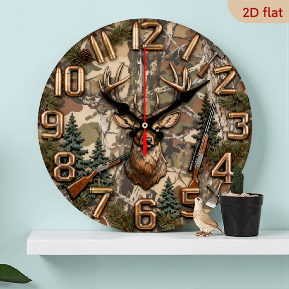 A 10-inch 2D flat "Hunting" theme wooden circular wall clock, suitable for decoration in bedrooms, living rooms and offices. It is an ideal gift for Christmas and New Year.