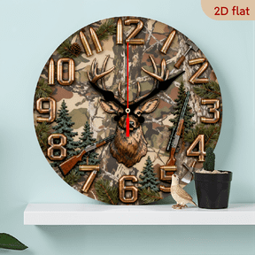 A 10-inch 2D flat "Hunting" theme wooden circular wall clock, suitable for decoration in bedrooms, living rooms and offices. It is an ideal gift for Christmas and New Year.