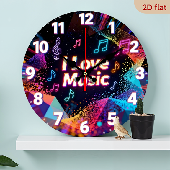 10-inch 2D flat "I Love Music" theme wooden circular silent wall clock, suitable for modern home art decoration, wall decoration, it is an ideal gift for festivals and birthdays
