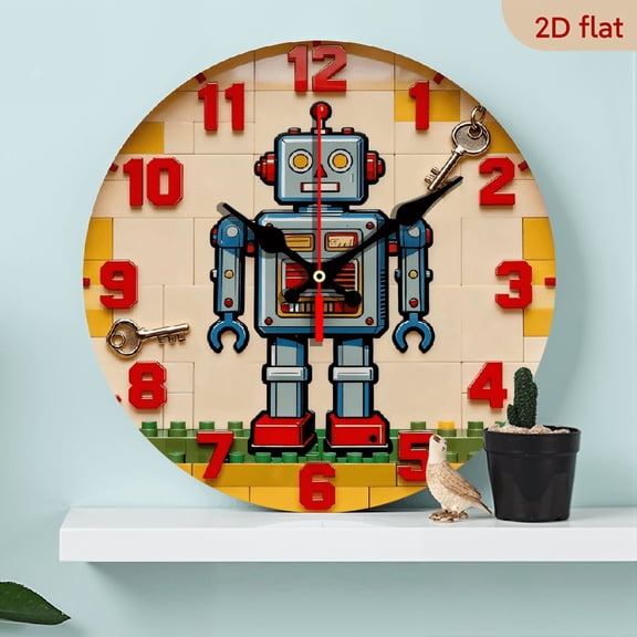 10-inch 2D flat "Intelligent Robot" theme wooden circular silent wall clock, suitable for modern home art decoration, wall decoration, it is an ideal gift for festivals and birthdays