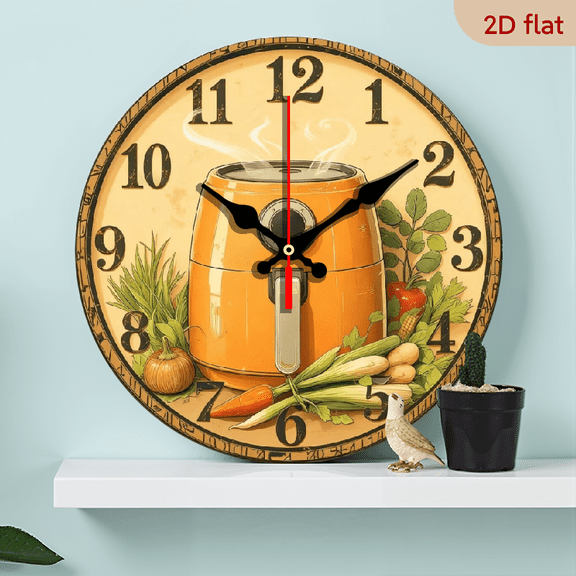 A 10-inch 2D flat "Kitchen Appliances" theme wooden silent wall clock. It is an excellent choice for Halloween/Easter/Christmas gifts and is suitable for modern home decoration art.
