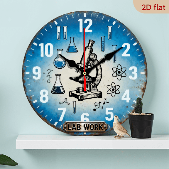 A 10-inch 2D flat "Laboratory Work" theme wooden circular wall clock, suitable for decoration in bedrooms, living rooms and offices. It is an ideal gift for Christmas and New Year.