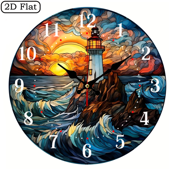 10-inch 2D flat "Lighthouse and Sunset" Creative silent wooden wall clock, multi-space decoration, suitable for Halloween, Easter, Christmas, ideal birthday and festival gifts.