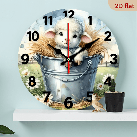 A 10-inch 2D flat "Little Lamb in the Iron Bucket" themed wooden silent wall clock. It is an excellent choice for Halloween/Easter/Christmas gifts and is suitable for modern home decoration art.