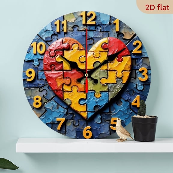 A 10-inch 2D flat "Love Puzzle" theme wooden circular wall clock, suitable for decoration in bedrooms, living rooms and offices. It is an ideal gift for Christmas and New Year.