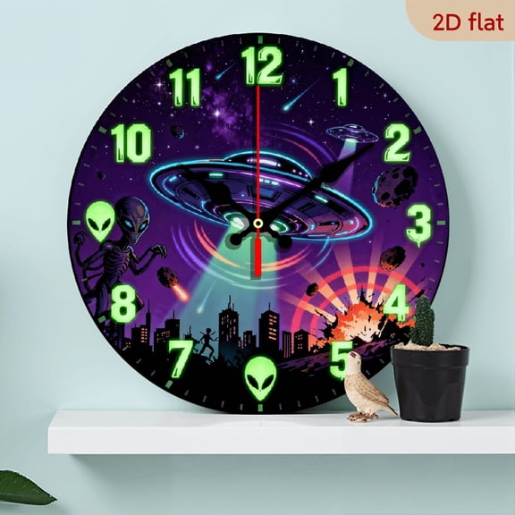 A 10-inch 2D flat "Luminous Alien Spaceship" themed wooden circular wall clock, suitable for decoration in bedrooms, living rooms, and offices. It is an ideal gift for Christmas and New Year.