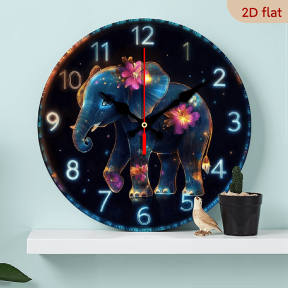 A 10-inch 2D flat "Luminous Elephant" theme wooden silent round wall clock. It can decorate the bedroom, living room or office, and is also the top choice for gift-giving.