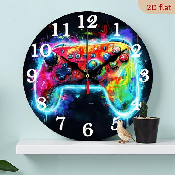 10-inch 2D flat "Luminous Game Console" theme, wooden circular silent wall clock, suitable for modern home art decoration, wall decoration, it is an ideal gift for festivals and birthdays