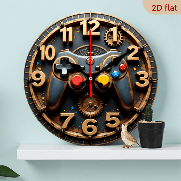 A 10-inch 2D flat "Mechanical Game Machine" themed wooden silent wall clock. It is an excellent choice for Halloween/Easter/Christmas gifts and is suitable for modern home decoration art.