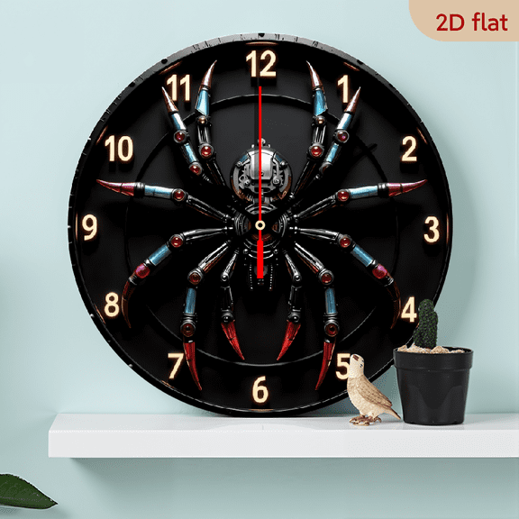 A 10-inch 2D flat "Mechanical Spider" themed wooden circular wall clock, suitable for decoration in bedrooms, living rooms and offices. It is an ideal gift for Christmas and New Year.