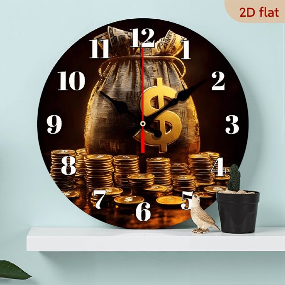 10-inch 2D flat "Money" theme wooden circular silent wall clock, suitable for modern home art decoration, wall decoration, it is an ideal gift for festivals and birthdays