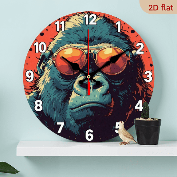 A 10-inch 2D flat "Monkey Wearing Sunglasses" themed wooden silent wall clock. It is an excellent choice for Halloween/Easter/Christmas gifts and is suitable for modern home decoration art.