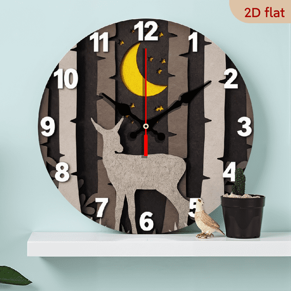10-inch 2D flat "Moon Deer Shadow" theme wooden circular silent wall clock, suitable for modern home art decoration, wall decoration, it is an ideal gift for festivals and birthdays