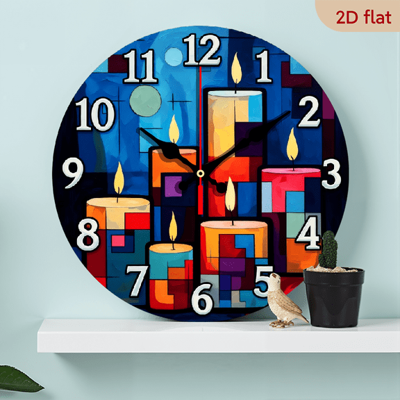 10-inch 2D flat "Mosaic Candle" theme, wooden circular silent wall clock, suitable for modern home art decoration, wall decoration, it is an ideal gift for festivals and birthdays