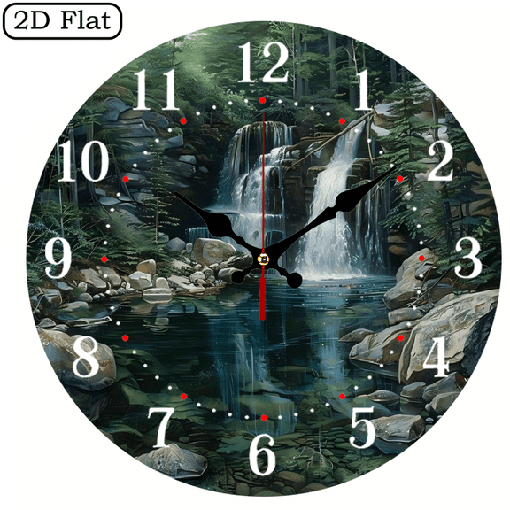 10-inch 2D flat "Mountain stream waterfalls" Creative silent wooden wall clock, multi-space decoration, suitable for Halloween, Easter, Christmas, ideal birthday and festival gifts.